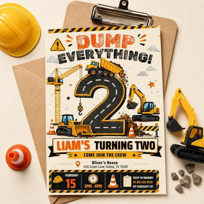 Dump Everything Construction 2nd Birthday Invitation — print-ready 2nd birthday party design from VoltBy