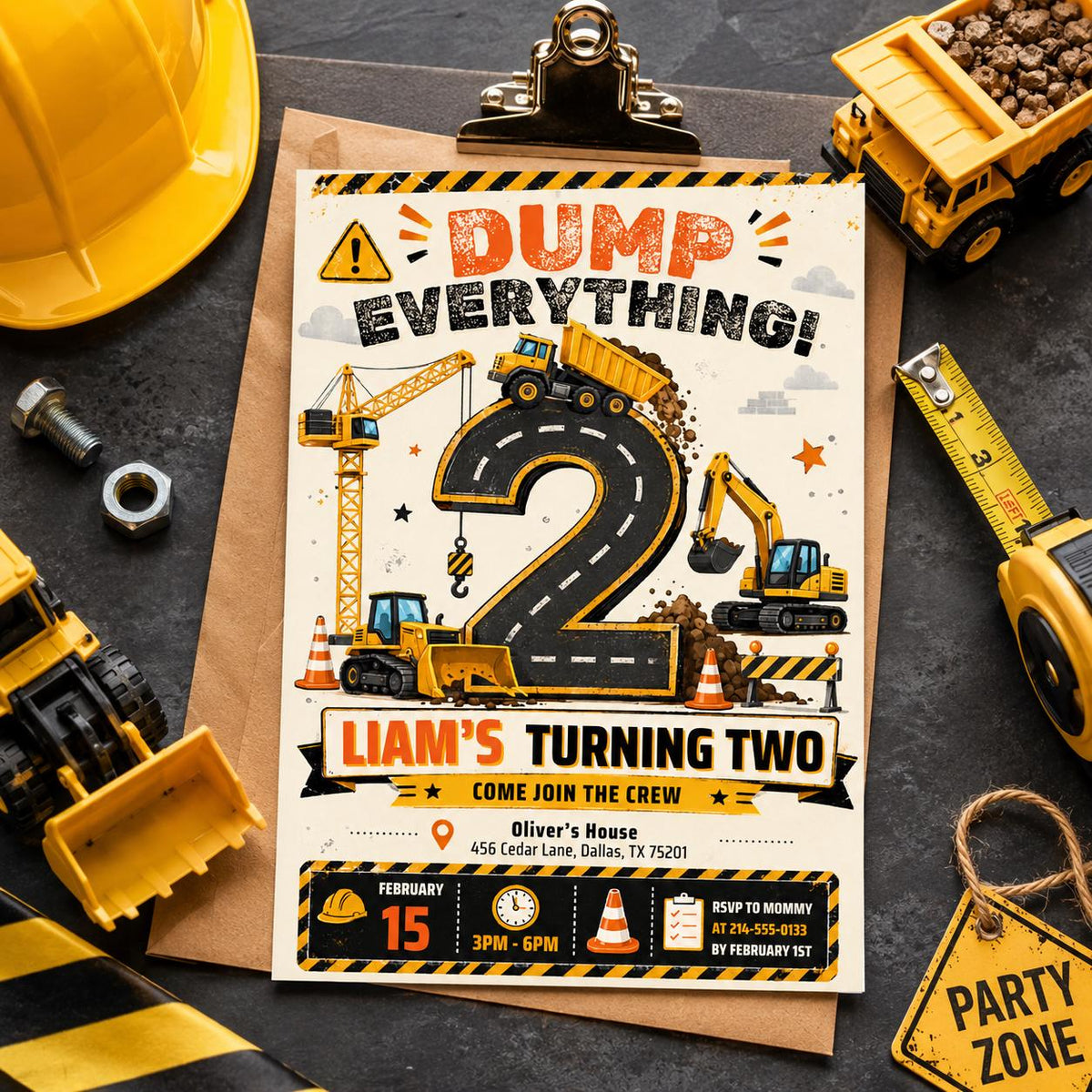 Dump Everything Construction 2nd Birthday Invitation — 2nd birthday party stationery by VoltBy