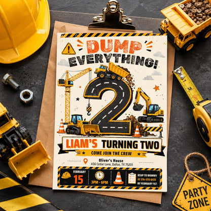 Dump Everything Construction 2nd Birthday Invitation — 2nd birthday party stationery by VoltBy
