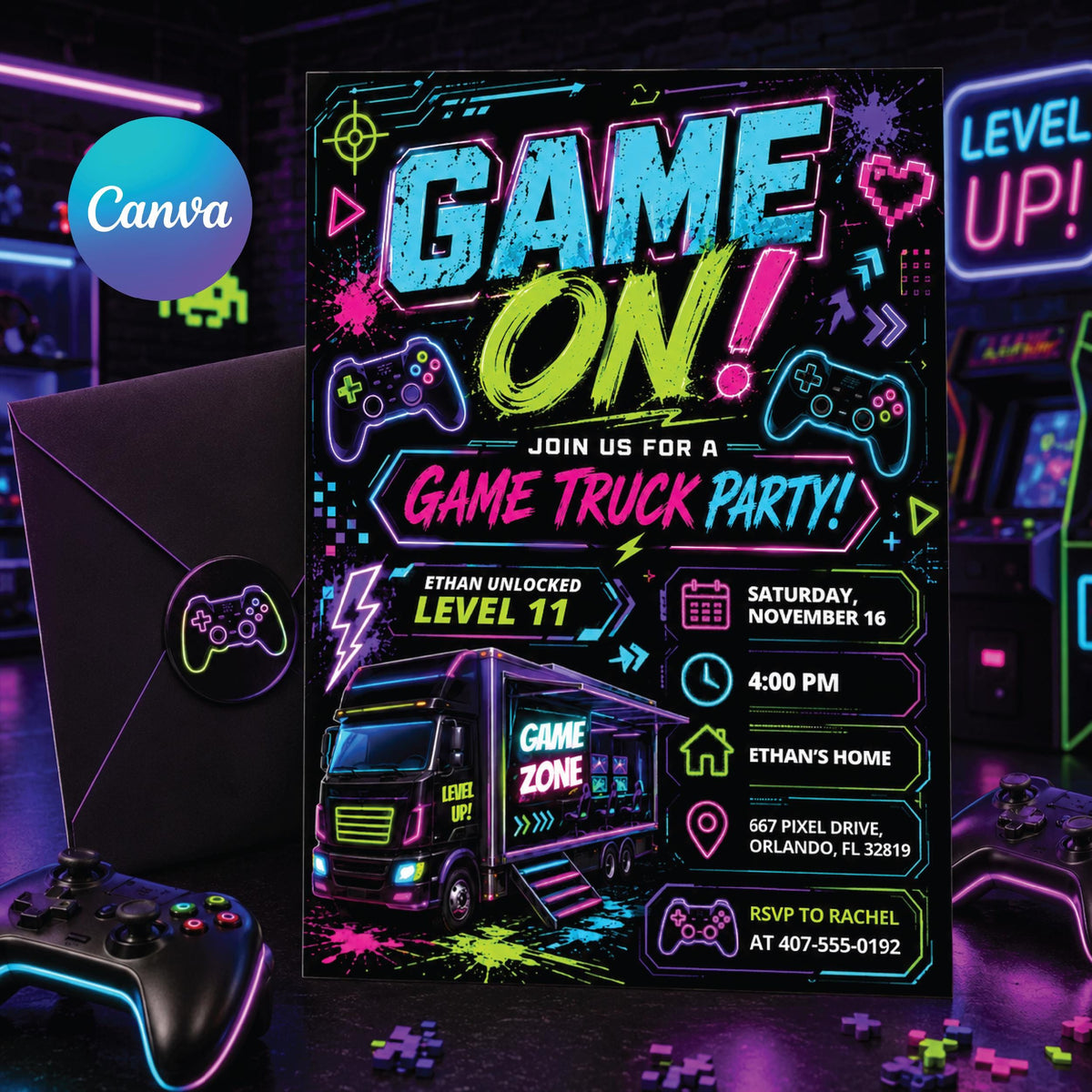 Game On Video Game Truck 11th Birthday Invitation — editable Canva template