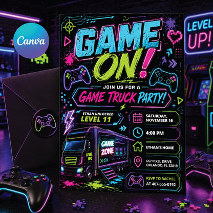 Game On Video Game Truck 11th Birthday Invitation — editable Canva template