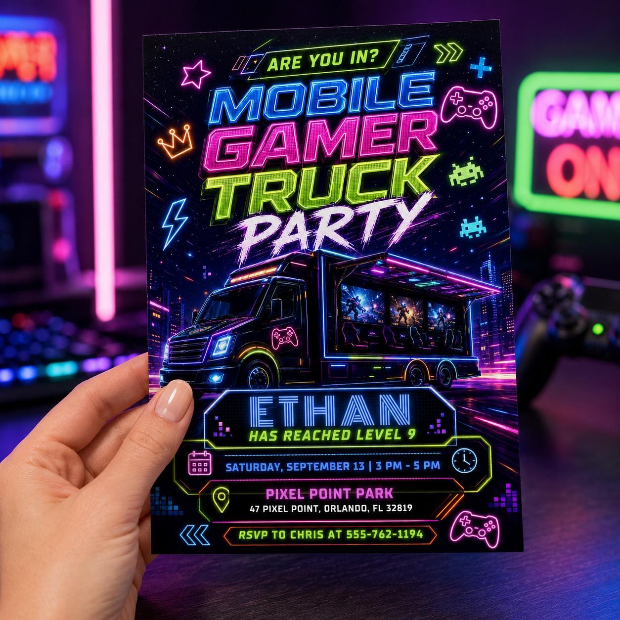 Video Game Truck Birthday Invitation, Neon Gamer Truck Party Invite, Gaming Bus Birthday Invites, Gaming Truck for Boys, Editable Canva __etsy:8058737823