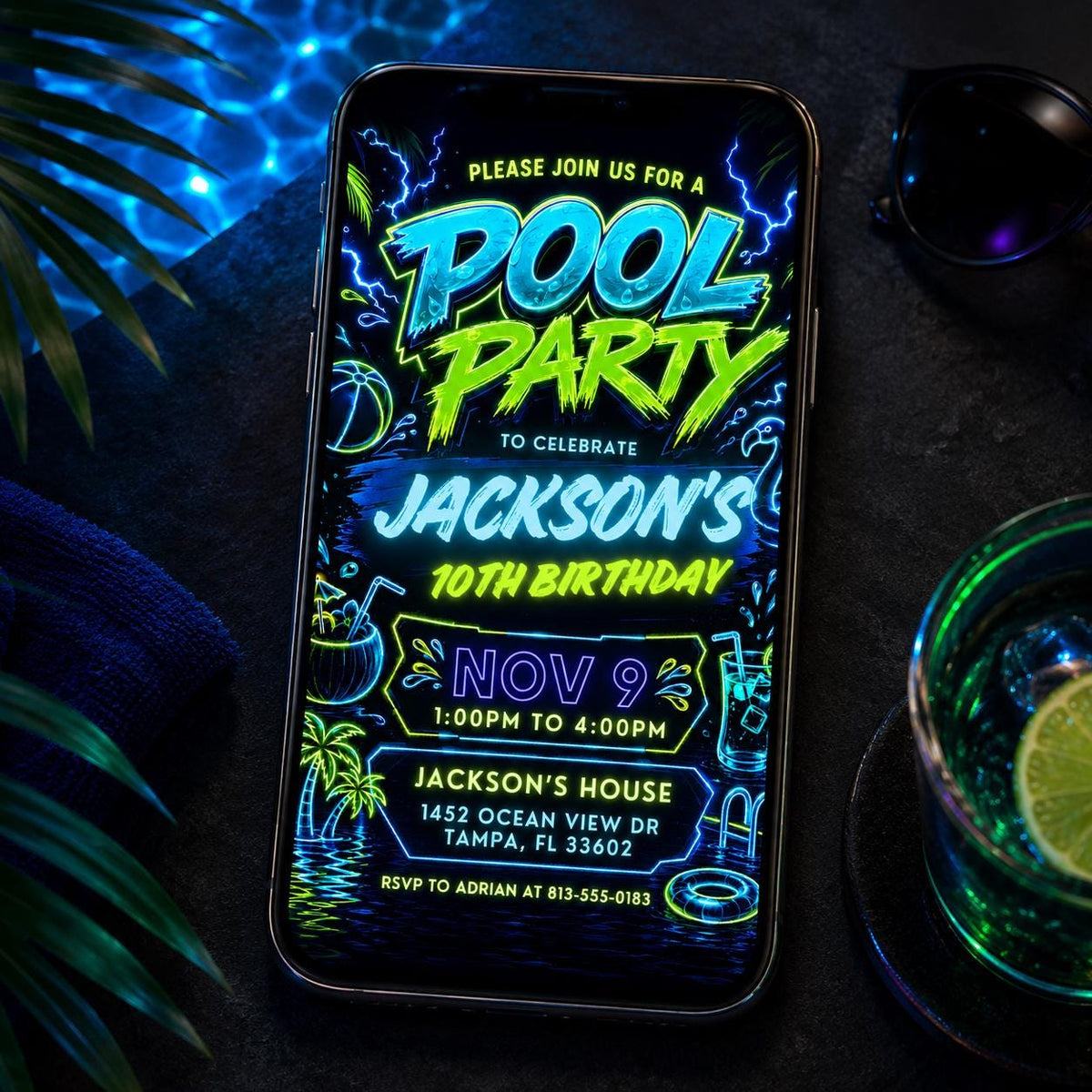 Neon Pool Party 10th Birthday Invitation in Blue and Green — print-ready 10th birthday party design from VoltBy