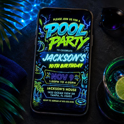 Neon Pool Party 10th Birthday Invitation in Blue and Green — print-ready 10th birthday party design from VoltBy