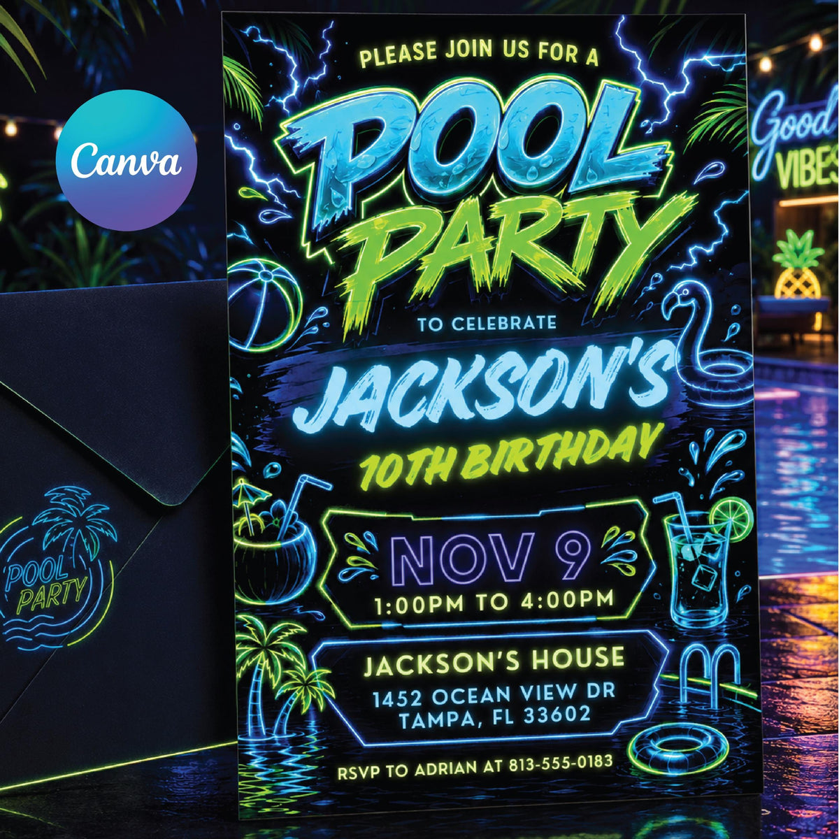Neon Pool Party 10th Birthday Invitation in Blue and Green — editable Canva template