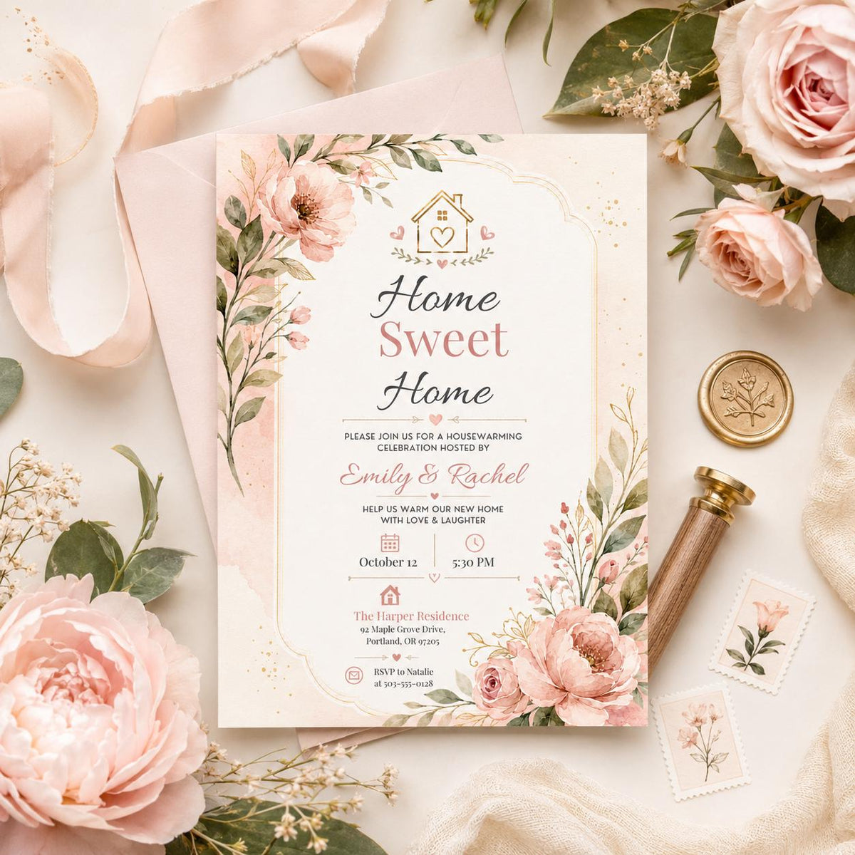 Home Sweet Home Housewarming Invitation with Pink Flowers — housewarming stationery by VoltBy