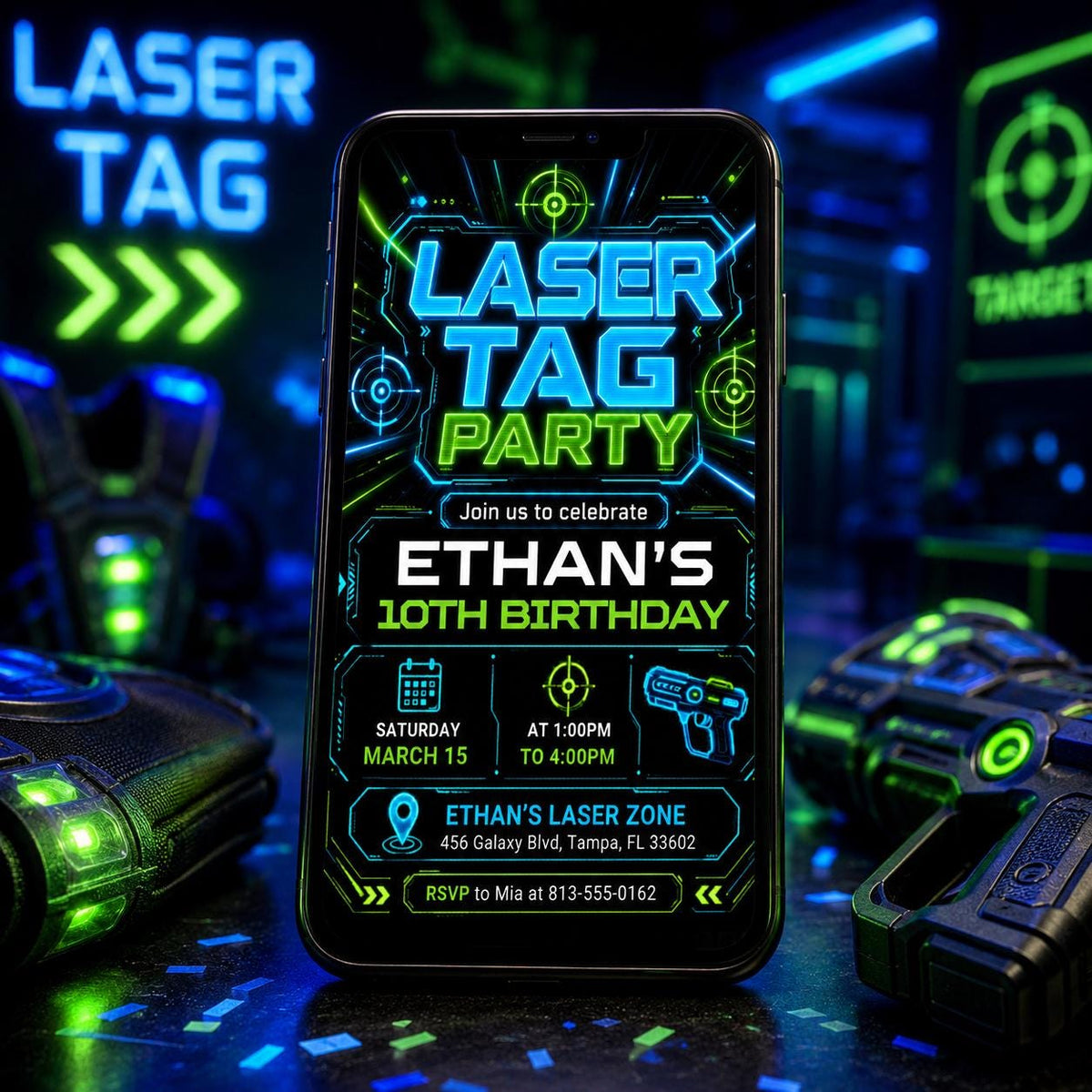 Neon Laser Tag 10th Birthday Invitation in Blue and Green — print-ready 10th birthday party design from VoltBy