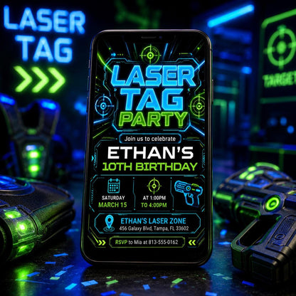 Neon Laser Tag 10th Birthday Invitation in Blue and Green — print-ready 10th birthday party design from VoltBy
