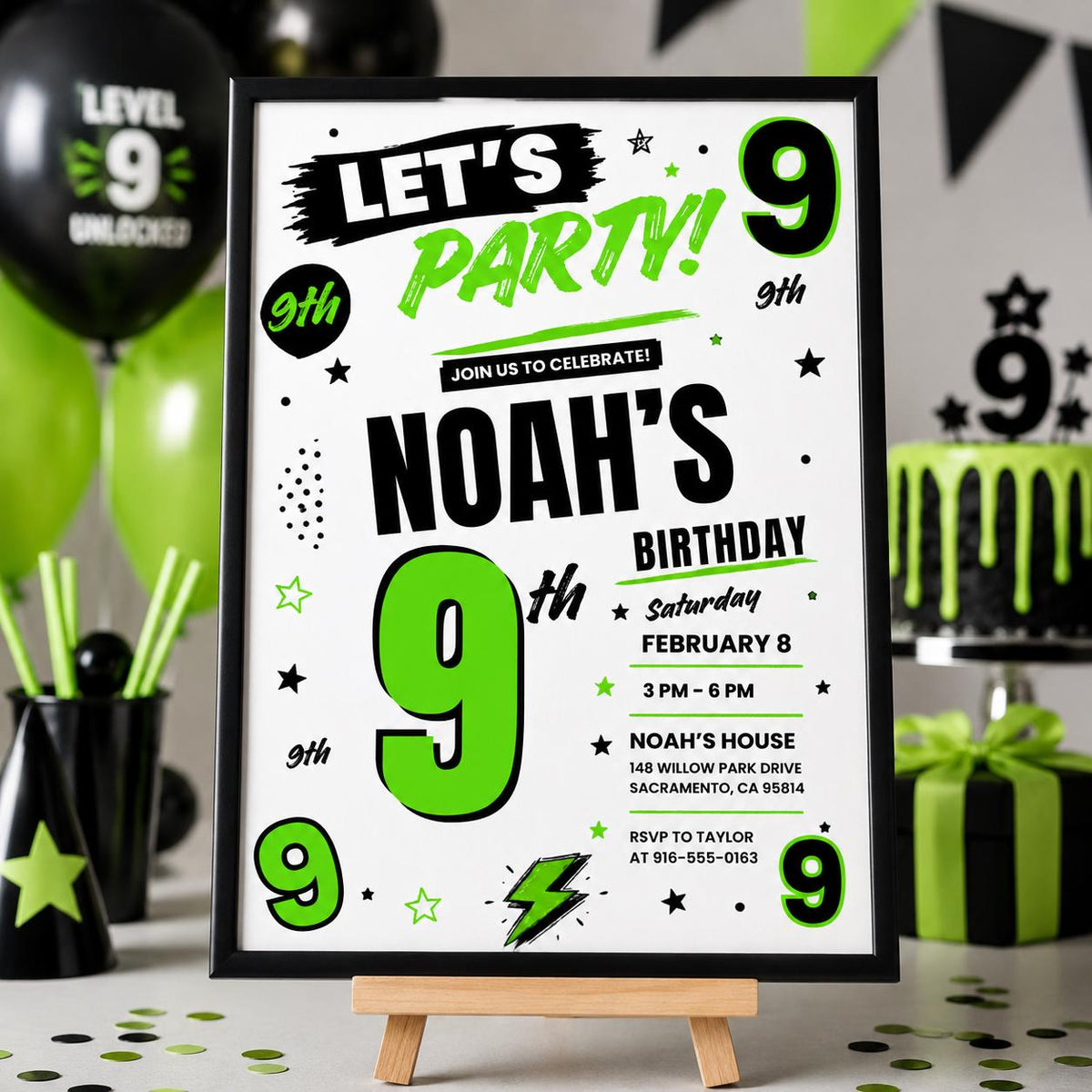 Green and Black Let's Party 9th Birthday Invitation — print-ready 9th birthday party design from VoltBy