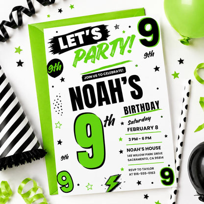 Green and Black Let's Party 9th Birthday Invitation — digital invitation, instant download