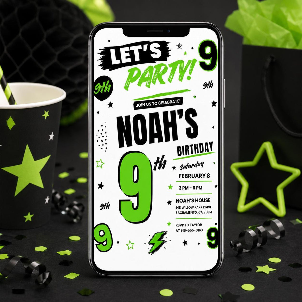 Green and Black Let's Party 9th Birthday Invitation — 9th birthday party stationery by VoltBy
