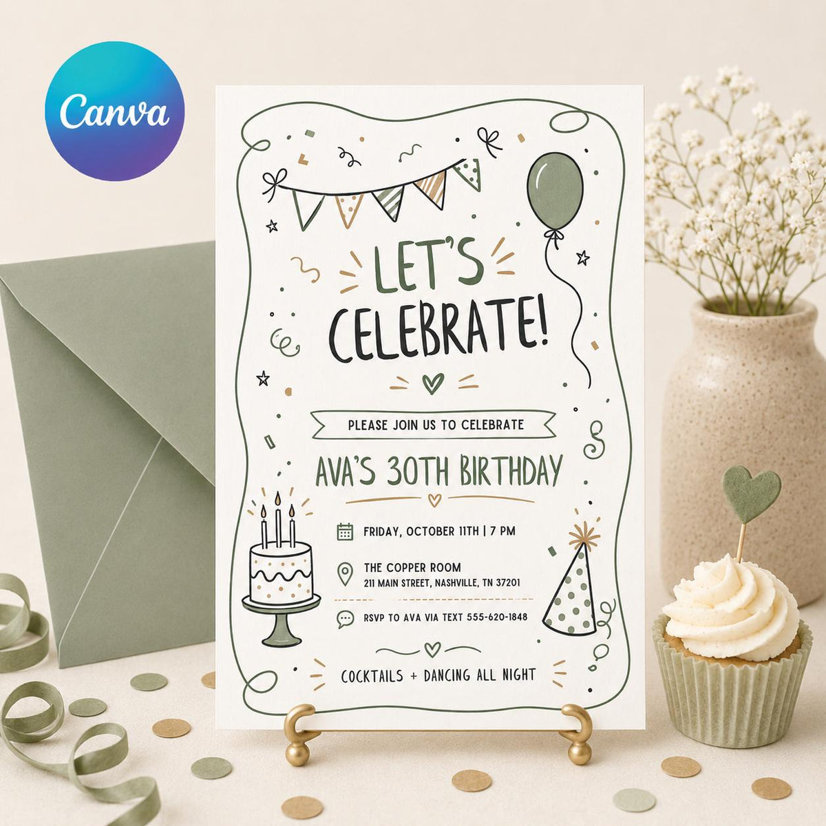 Sage Doodle Let's Celebrate 30th Birthday Invitation — editable Canva template