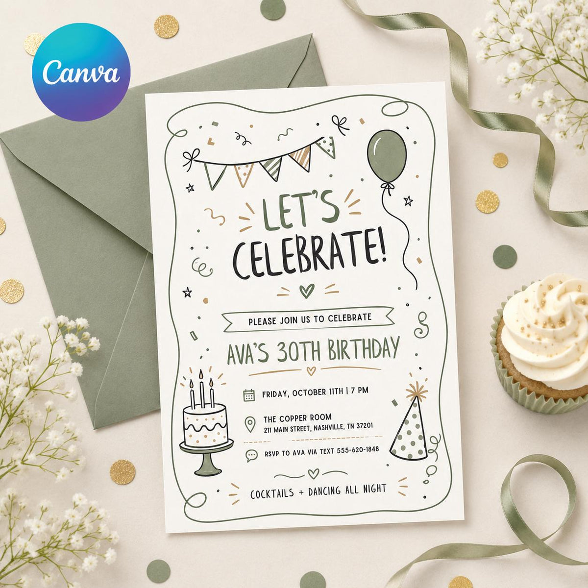 Sage Doodle Let's Celebrate 30th Birthday Invitation — balloon and cake design