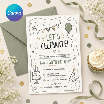 Sage Doodle Let's Celebrate 30th Birthday Invitation — balloon and cake design