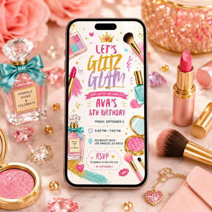 Glitz and Glam Makeup 8th Birthday Invitation — print-ready 8th birthday party design from VoltBy