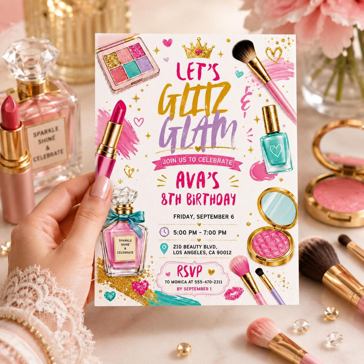 Glitz and Glam Makeup 8th Birthday Invitation — digital invitation, instant download