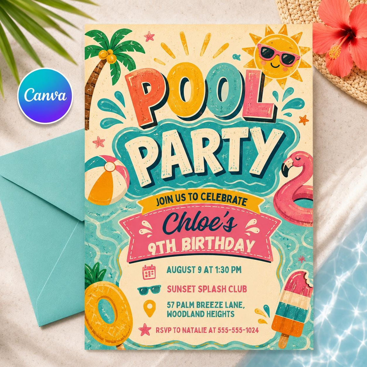 Retro Pool Party 9th Birthday Invitation in Yellow and Teal — editable Canva template
