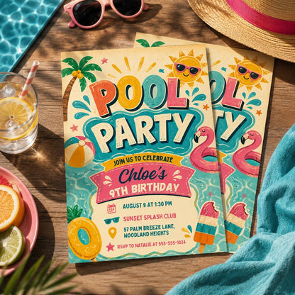 Retro Pool Party 9th Birthday Invitation in Yellow and Teal — bow design