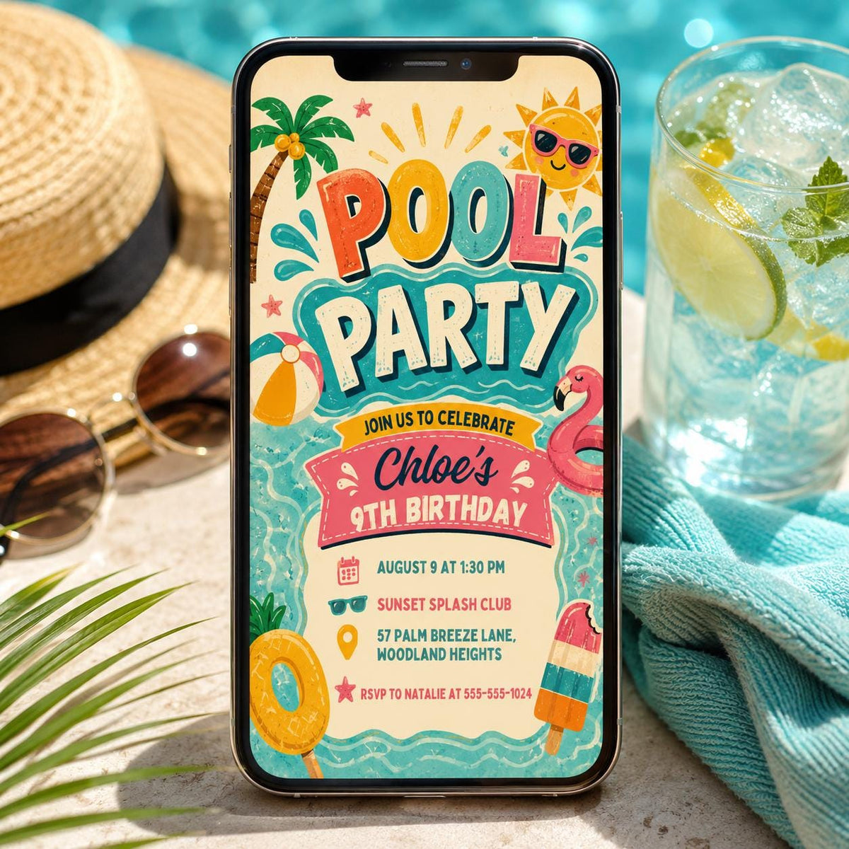 Retro Pool Party 9th Birthday Invitation in Yellow and Teal — bow artwork in coral
