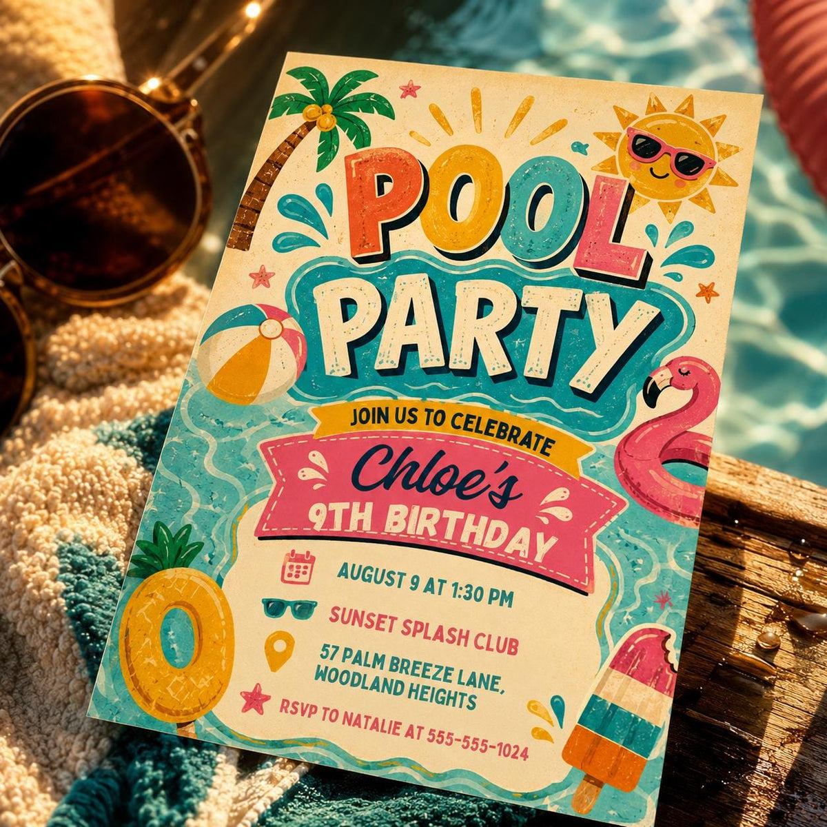 Retro Pool Party 9th Birthday Invitation in Yellow and Teal — invitation you personalize in Canva