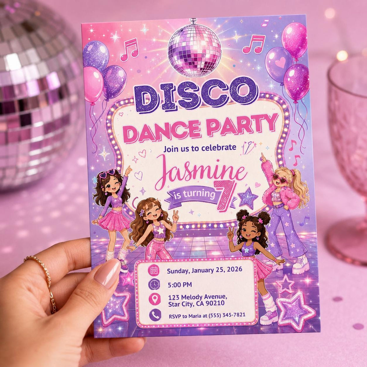 Pink Disco Dance Party 7th Birthday Invitation — balloon design