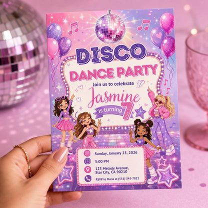 Pink Disco Dance Party 7th Birthday Invitation — balloon design