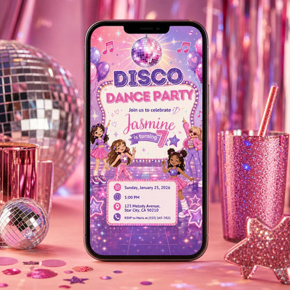 Pink Disco Dance Party 7th Birthday Invitation — invitation you personalize in Canva