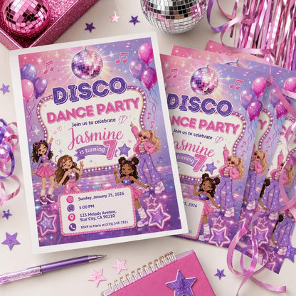 Pink Disco Dance Party 7th Birthday Invitation — print-ready 7th birthday party design from VoltBy
