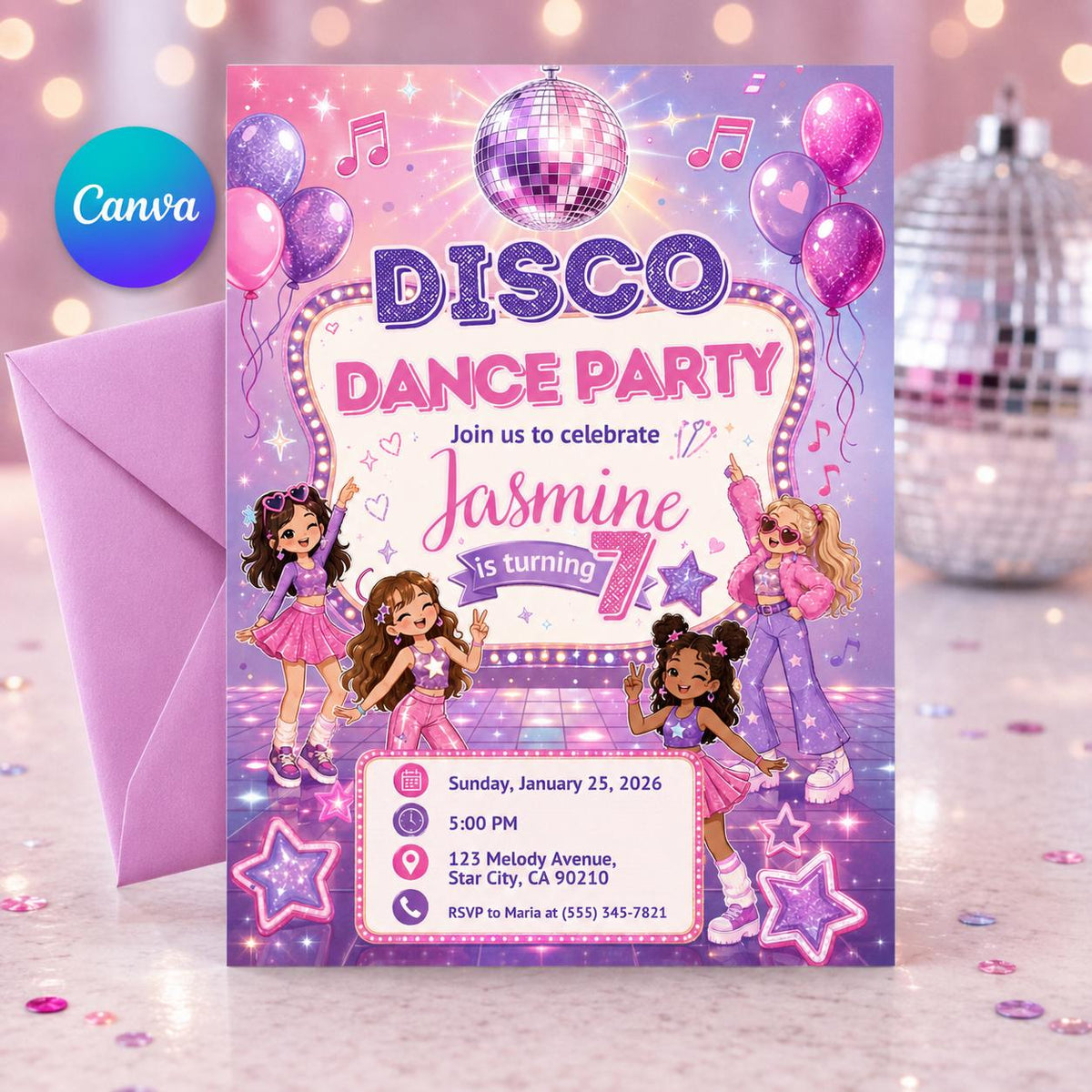 Pink Disco Dance Party 7th Birthday Invitation — editable Canva template