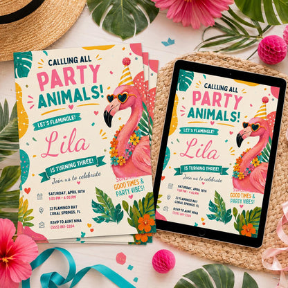 Let's Flamingle Party Animals 3rd Birthday Invitation — flamingo and leaf design