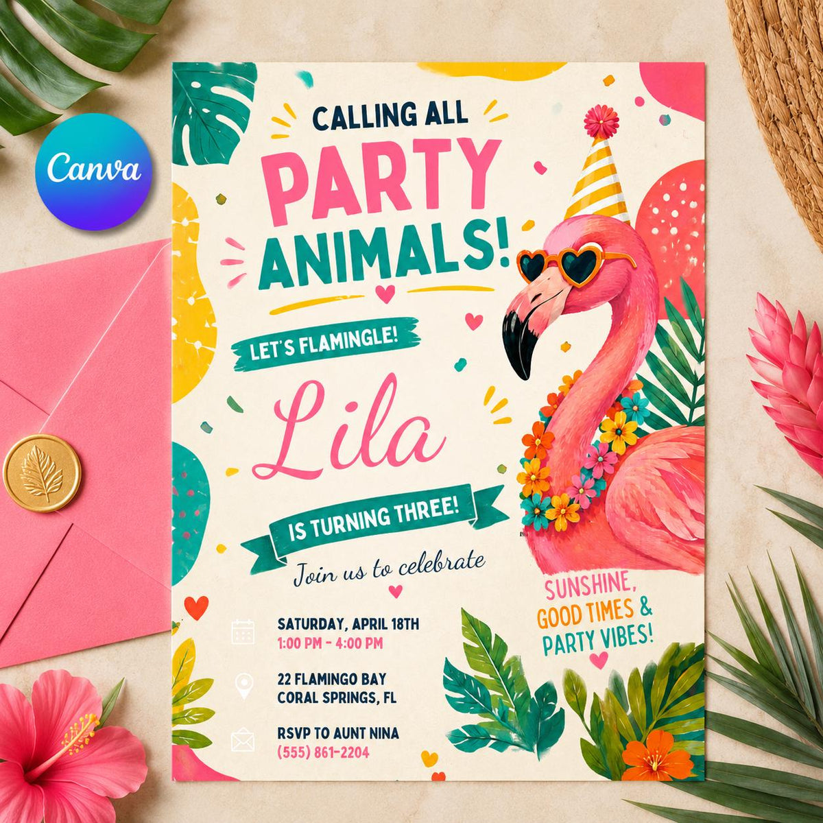 Let's Flamingle Party Animals 3rd Birthday Invitation — editable Canva template