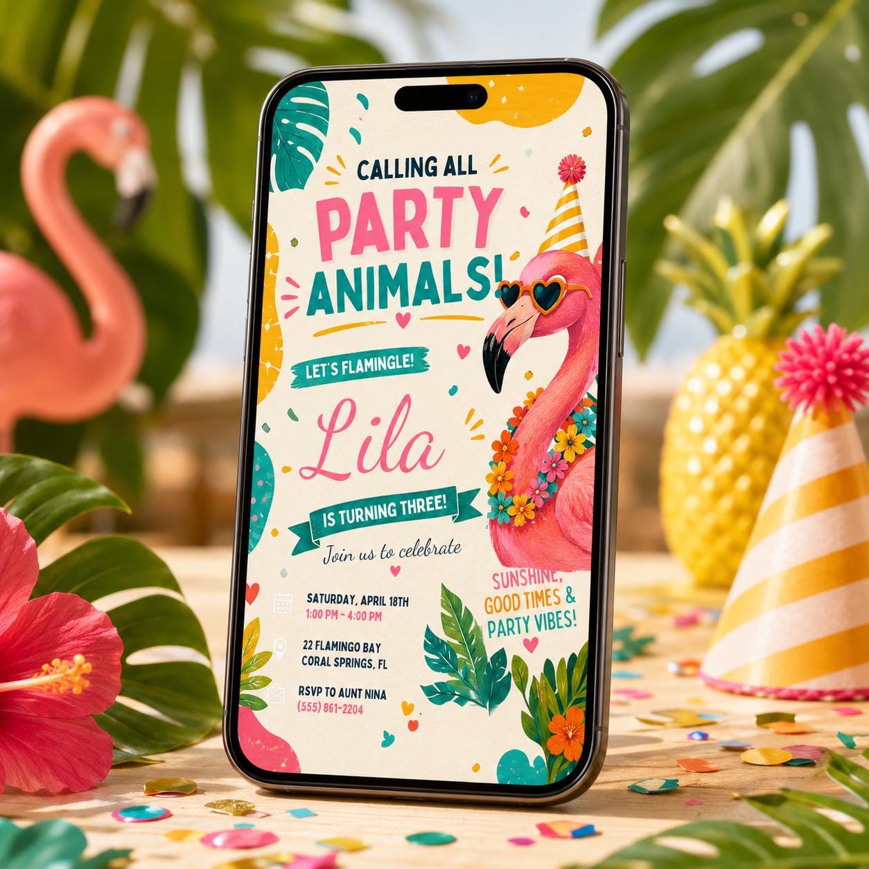 Flamingo First Birthday Invitation, Let’s Flamingle Birthday Invitation, Flamingo Party Invite, Tropical Pink Summer Birthday Canva Template __etsy:8059355016