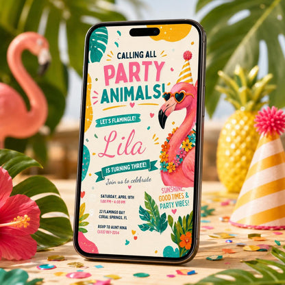 Flamingo First Birthday Invitation, Let’s Flamingle Birthday Invitation, Flamingo Party Invite, Tropical Pink Summer Birthday Canva Template __etsy:8059355016
