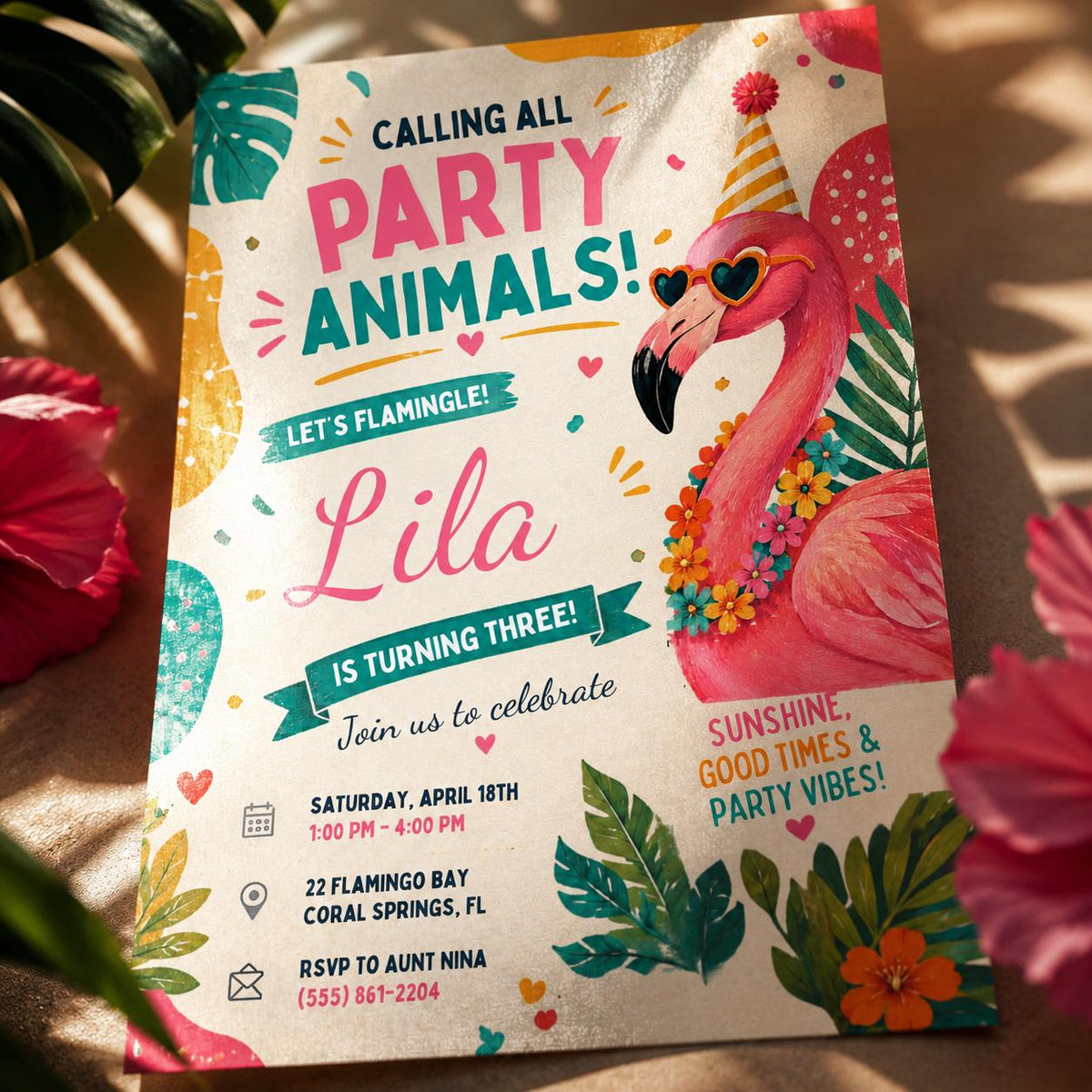 Let's Flamingle Party Animals 3rd Birthday Invitation — invitation you personalize in Canva
