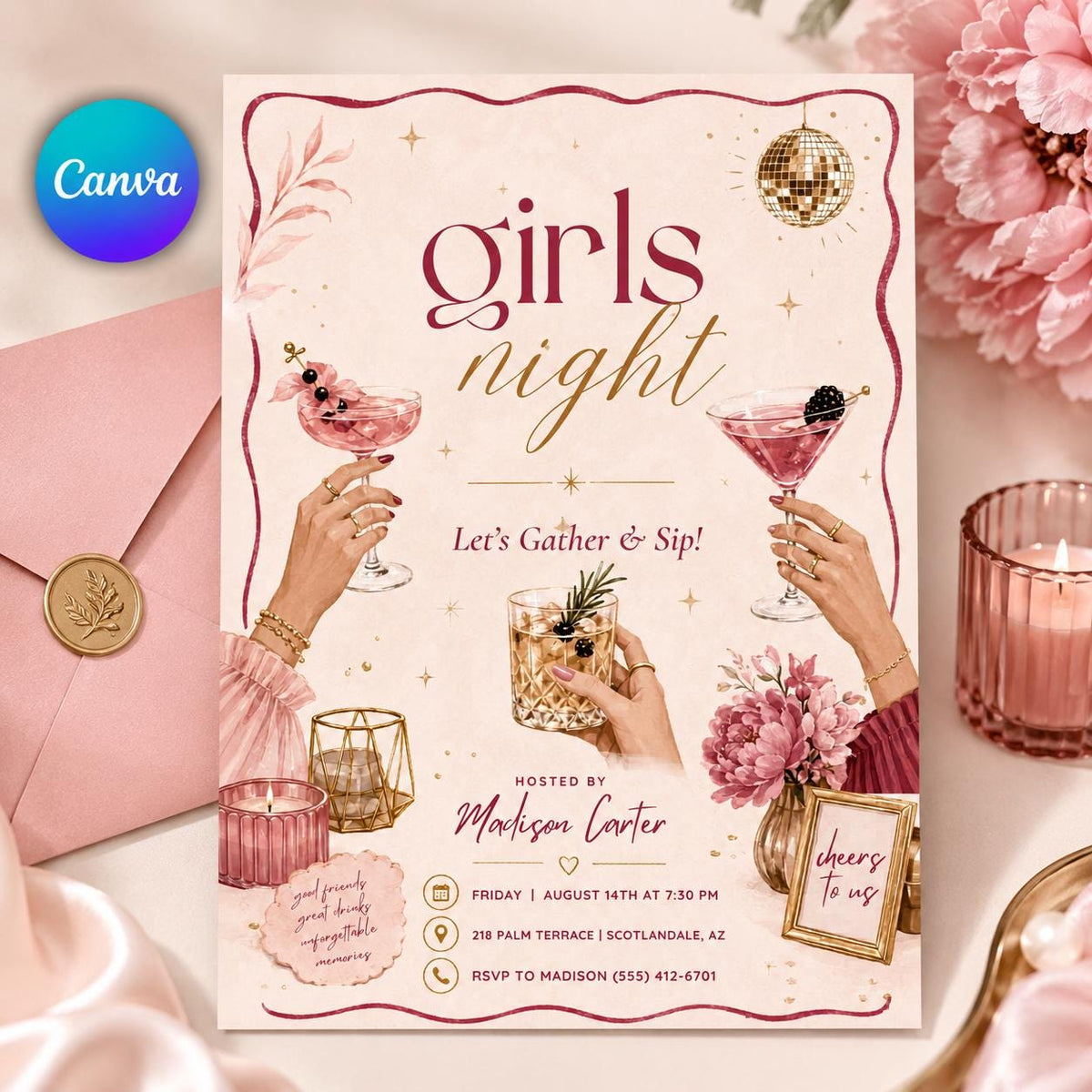 Pink Cocktail Girls Night Invitation — editable Canva template