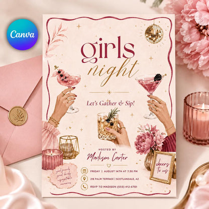 Pink Cocktail Girls Night Invitation — editable Canva template