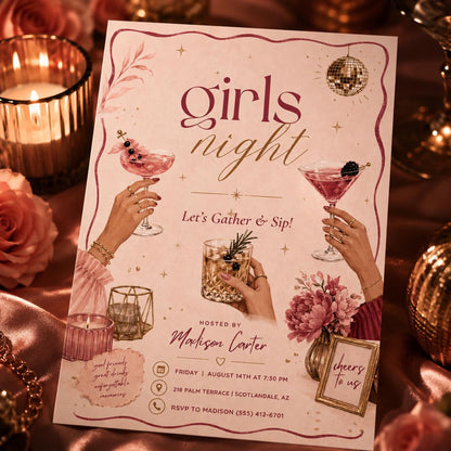 Pink Cocktail Girls Night Invitation — disco girls night design