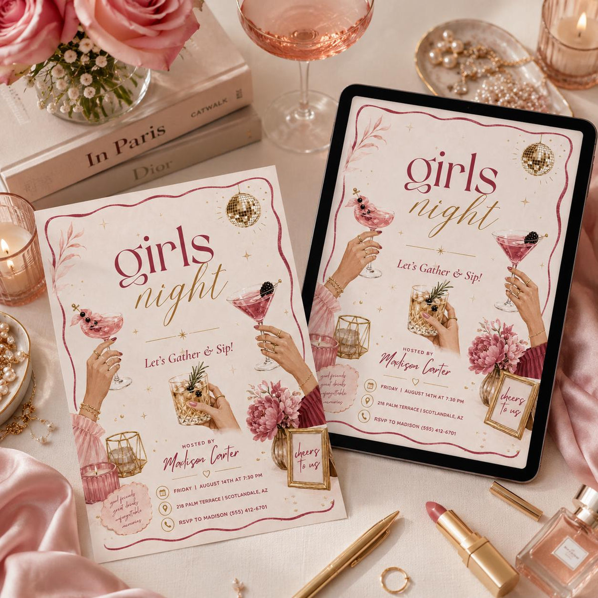 Pink Cocktail Girls Night Invitation — disco ball artwork in burgundy and gold