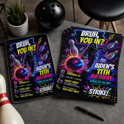 Bowling Birthday Invitation, Bruh You In Invitation, Any Age, Any Theme, Neon Graffiti Bruh Birthday Party Invite, Editable Canva Template __etsy:8059504528