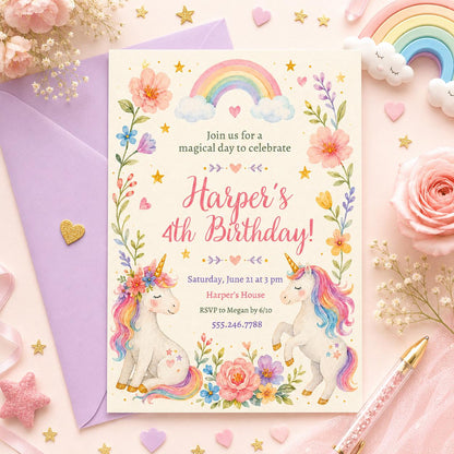 Watercolor Unicorn 4th Birthday Invitation with Flower Meadow — print-ready 4th birthday party design from VoltBy
