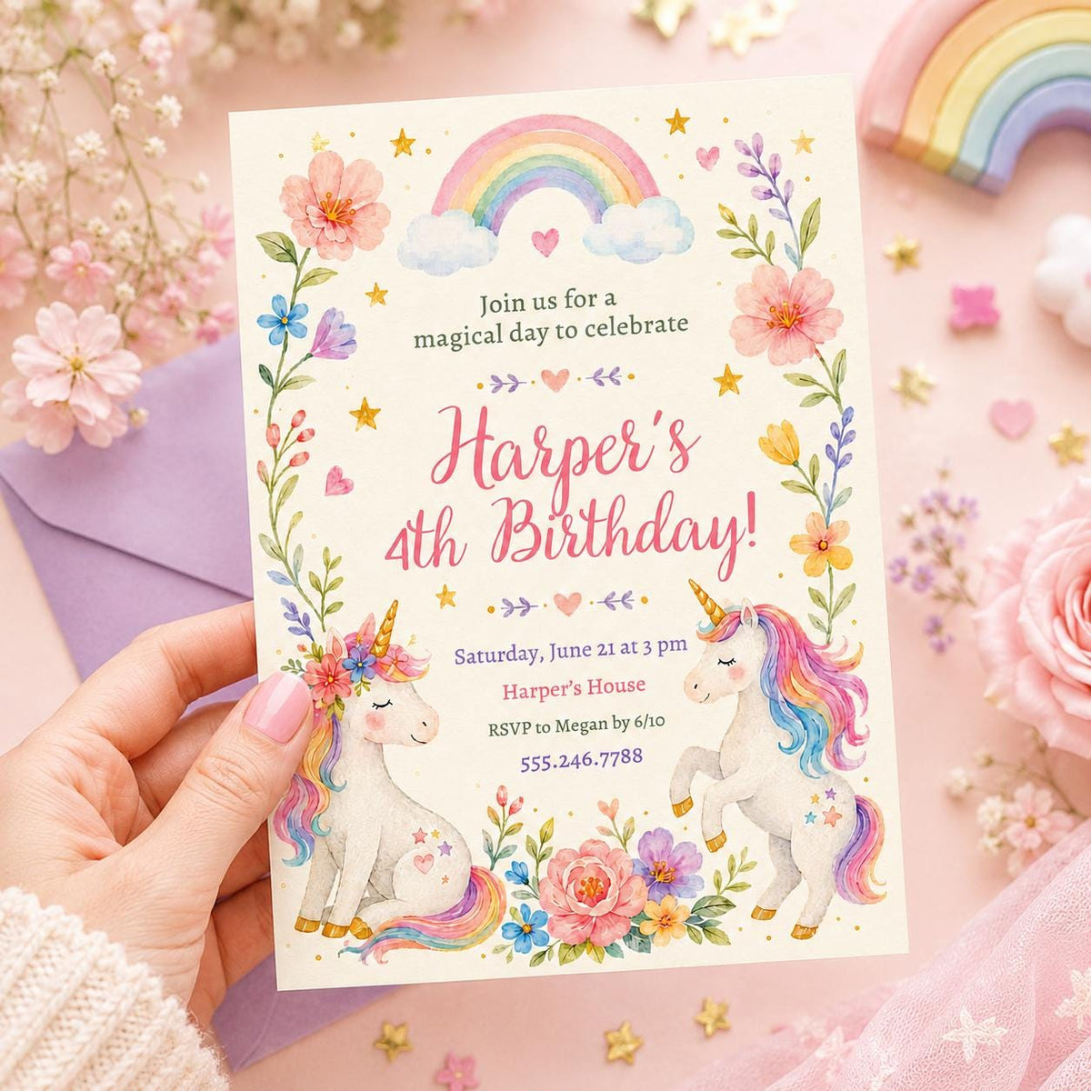 Watercolor Unicorn 4th Birthday Invitation with Flower Meadow — digital invitation, instant download