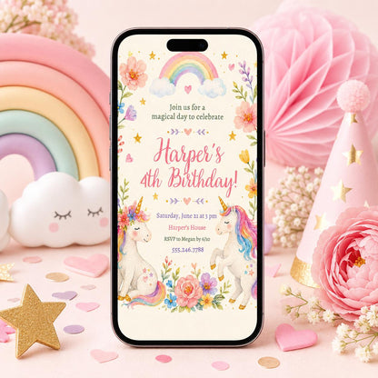 Unicorn 4th Birthday Invitation Template, Four Ever Magical, Pastel Unicorn Birthday Invite, Rainbow Unicorn Invitation, Canva template __etsy:8059631049