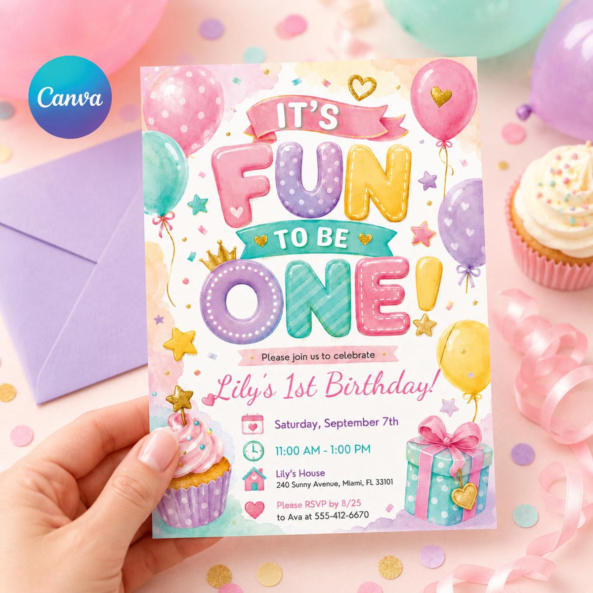 Pastel Fun to Be One First Birthday Invitation — balloon artwork in pink and purple