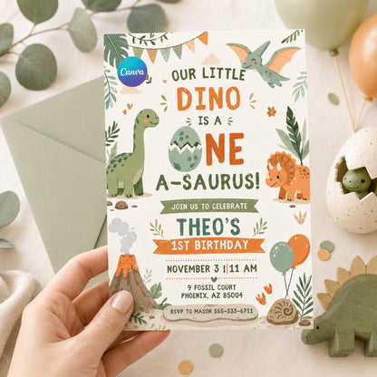 Dinosaur 1st Birthday Invitation: One Saurus Dinosaur 1st Birthday — print-ready first birthday design from VoltBy