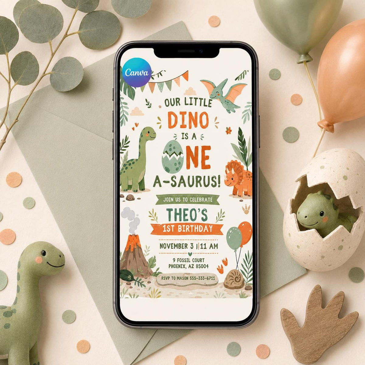 Dinosaur 1st Birthday Invitation: One Saurus Dinosaur 1st Birthday — digital invitation, instant download