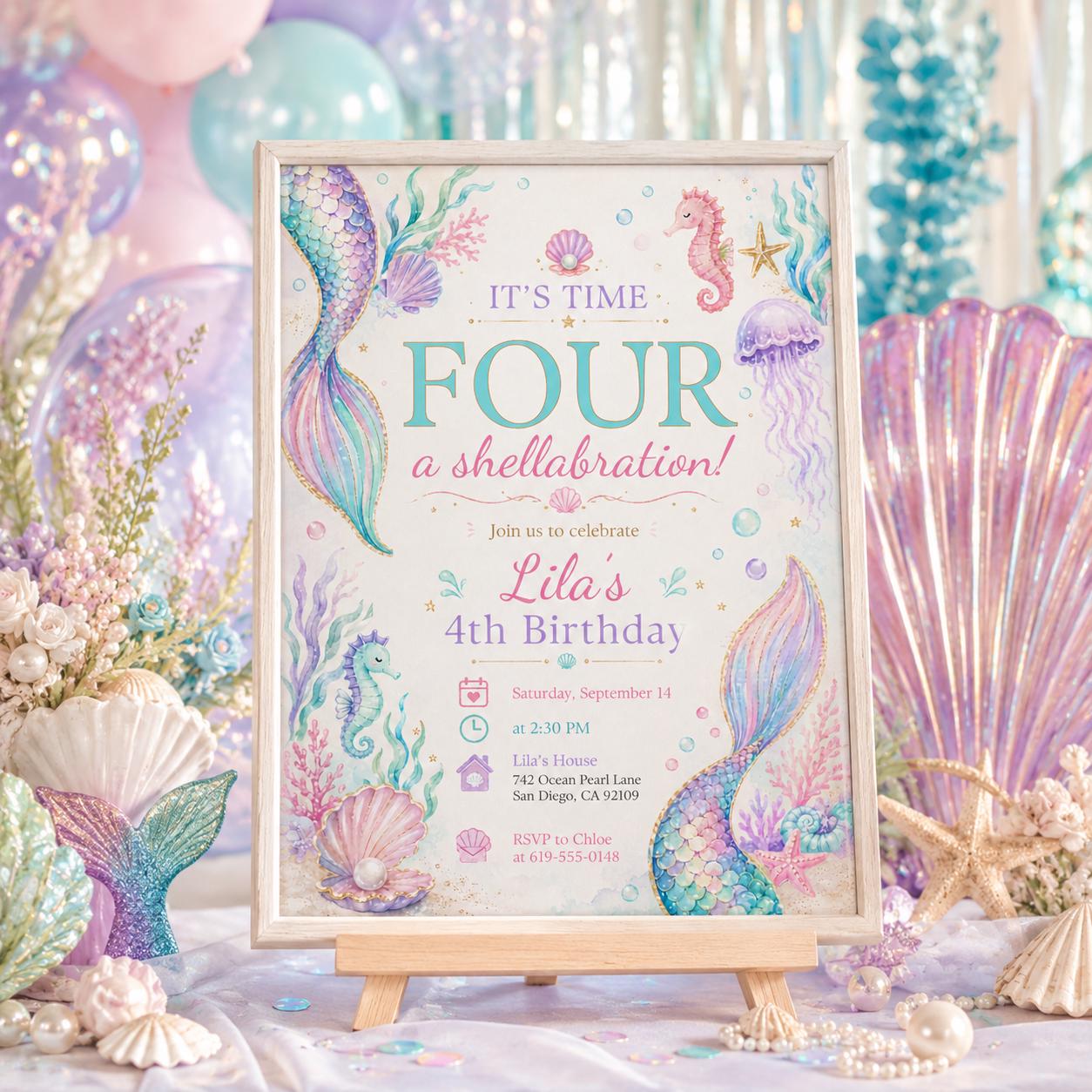 Mermaid Birthday Invitation, Four Birthday Invitations Mermaid Tail Fourth Girls Summer 4th Birthday Shellabration Invite Pastel Purple __etsy:8059938815