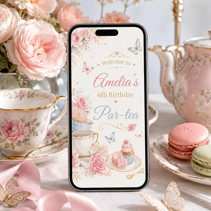 Floral Tea Party 6th Birthday Invitation with Stacked Teacups — print-ready 6th birthday party design from VoltBy
