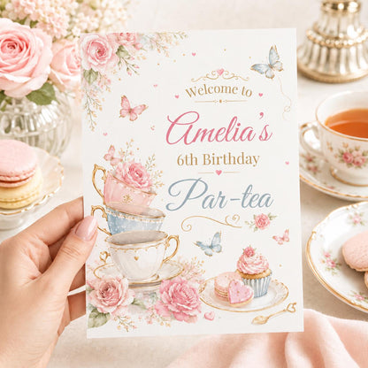 Floral Tea Party 6th Birthday Invitation with Stacked Teacups — butterfly artwork in blue and cream