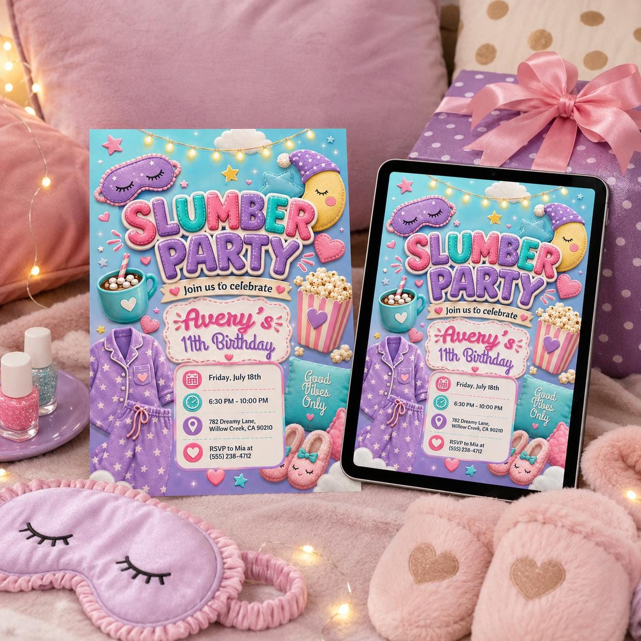 Slumber Party Invitation, Pink Slumber Party Invitation, Girls Sleepover Birthday Invite, Pajama Party Template, Tween Sleepunder Invite __etsy:8060260284