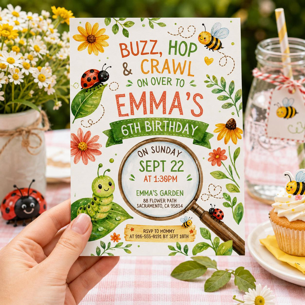 Buzz Hop and Crawl 6th Birthday Invitation with Smiling Bugs — caterpillar design